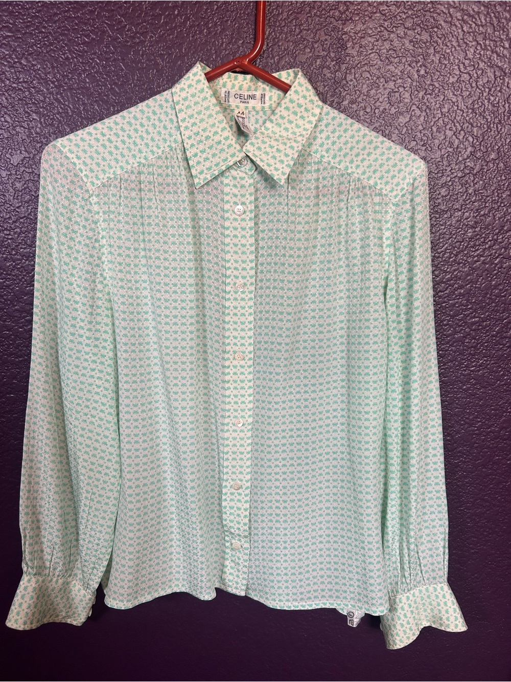 Vintage Celine Paris 100% Silk Blouse Mint Green and White Size EU44 Switzerland